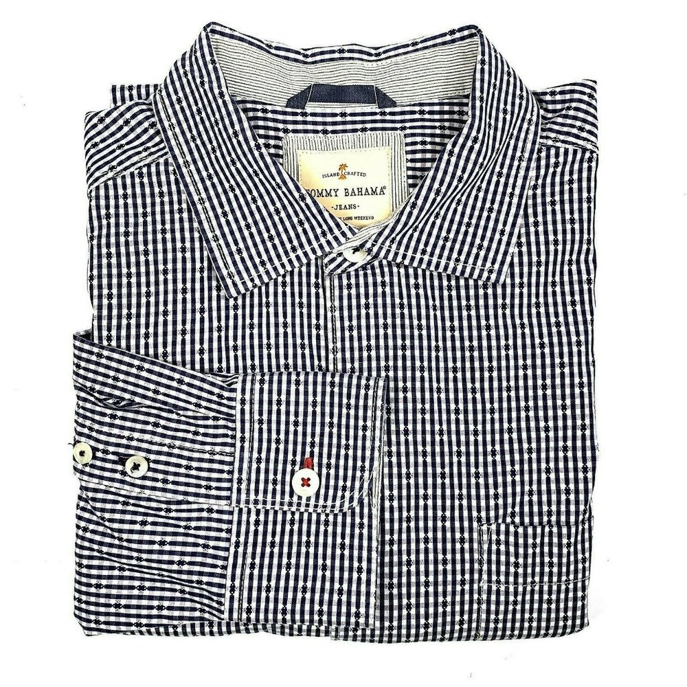 Men's TOMMY BAHAMA Crafted Blue Striped Shirt Sz L